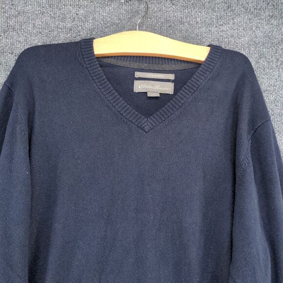 Eddie Bauer Men's Cotton Cashmere Pullover Sweater Blue Large V-Neck Ribbed Trim - Picture 3 of 12
